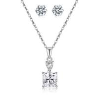 Cubic Zirconia Micro Pave Brass Jewelry Sets, Stud Earring & necklace, with Cubic Zirconia, with 2Inch extender chain, Square, silver color plated, fashion jewelry & for woman Approx 17 Inch 