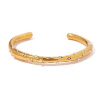 pulsera brazalete de acero inoxidable, acero inoxidable 304, con Perlas plásticas, 18K chapado en oro, Joyería & micro arcilla de zirconia cúbica & para mujer, dorado, outside diameter 70mm,Bracelet width 7mm, Vendido por UD