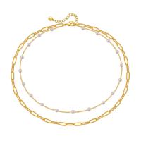 Collier en laiton fait à la main, avec perle de plastique, avec 2.36inch chaînes de rallonge, Plaqué or 18K, Double couche & bijoux de mode & pour femme, doré Environ 14.96 pouce, Environ 16.53 pouce, Vendu par PC