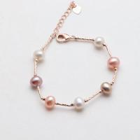 bracelet en laiton de perle d'eau douce cultivée, avec Alliage de cuivre, Légèrement rond, Placage de couleur d'or, bijoux de mode & pour femme, couleurs mélangées, pearl length 6-7mm Environ 16-18 cm, Vendu par PC