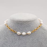 Collar de Perlas Natural de Freshwater, Partículas de acero, con Perlas cultivadas de agua dulce, con 10CM extender cadena, chapado en color dorado, para mujer, Blanco, longitud:aproximado 31 cm, Vendido por UD