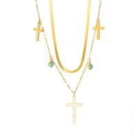 Collier de mode Multi couche, Acier inoxydable 304, avec turquoise, avec 1.97inch chaînes de rallonge, croix, Plaqué or 18K, Double couche & bijoux de mode & avec strass, doré, 26mm Environ 15.75 pouce, Environ 17.72 pouce, Vendu par brin