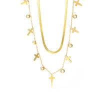 Collier de mode Multi couche, Acier inoxydable 304, avec 1.97inch chaînes de rallonge, croix, Placage, Double couche & pavé de micro zircon & pour femme, doré, 9mm Environ 15.75 pouce, Environ 17.72 pouce, Vendu par brin