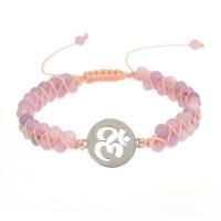 Quartz Bracelets, Rose Quartz, with Knot Cord & 304 Stainless Steel, Flat Round, Adjustable & fashion jewelry & Unisex & hollow, pink 