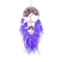 Fashion Dreamcatcher, Feder, mit Natürlicher Kies & Lederband & Kunststoff & Messing & Eisen, Baum des Lebens, handgemacht, für Zuhause und Büro, violett, 650mm, verkauft von PC