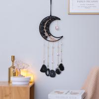 Mode Dreamcatcher, cordon en cuir, avec Agate & cristal & laiton & fer, lune, fait à la main, pour la maison et le bureau, noire, 650mm, Vendu par PC