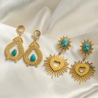 Boucles d'oreilles en acier titane, avec turquoise, Placage de couleur d'or, bijoux de mode & styles différents pour le choix & pour femme, Vendu par paire