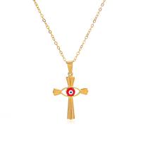 Collier Evil Eye bijoux, Acier inoxydable 304, avec 1.97inch chaînes de rallonge, croix, Placage ionique sous vide, bijoux de mode & pour femme & émail, doré, 27mm Environ 17.72 pouce, Vendu par brin