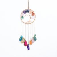 Gravier naturel Windbell, avec cordon en cuir & Agate & laiton & fer, arbre, fait à la main, pour la maison et le bureau, multicolore, 660mm, Vendu par PC