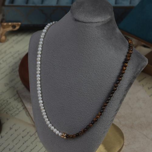 Collier en laiton fait à la main, avec oeil de tigre & perle d'eau douce cultivée, avec 5cm chaînes de rallonge, Placage, bijoux de mode cm, Vendu par PC