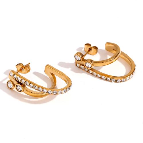 Stainless Steel Rhinestone Stud Earring, 316L Stainless Steel, 18K gold plated, fashion jewelry & for woman & with rhinestone, golden 