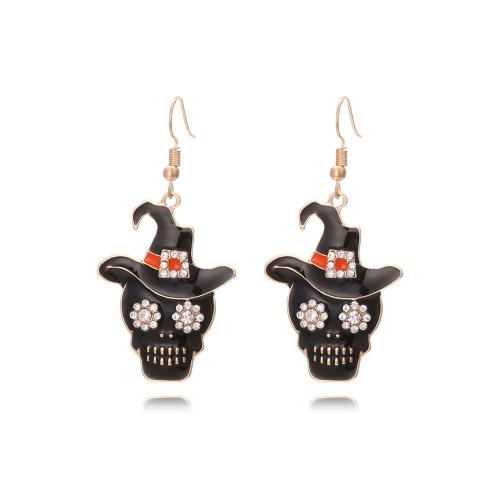 Neue heiße Halloween Schmuck und Dekor, Zinklegierung, Schädel, goldfarben plattiert, Modeschmuck & für Frau & Emaille & mit Strass, schwarz, 27x59mm, verkauft von Paar