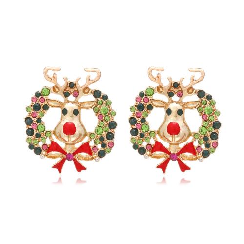 Pendientes de Navidad, aleación de zinc, Guirnalda de Navidad, chapado en color dorado, Joyería & para mujer & esmalte & con diamantes de imitación, color mixto, 37x42mm, Vendido por Par