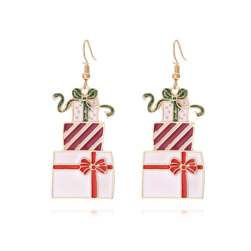 Pendientes de Navidad, aleación de zinc, forma de regalo, chapado en color dorado, Joyería & para mujer & esmalte, color mixto, 25x62mm, Vendido por Par