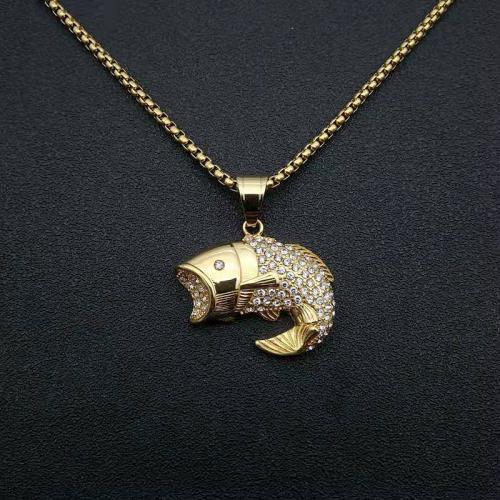 Stainless Steel Jewelry Necklace, 304 Stainless Steel, Fish, Vacuum Ion Plating, fashion jewelry & Unisex & with rhinestone 