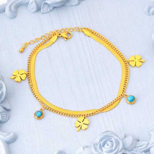 Мода ювелирные изделия anklet, титан, с бирюза & Пластиковая жемчужина, Двойной слой & ювелирные изделия моды & различные материалы для выбора & Женский, золотой, продается PC