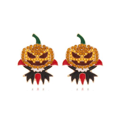 Nuevas joyas y decoraciones populares de Halloween, aleación de zinc, Calabaza, chapado en color dorado, Joyería & para mujer & esmalte & con diamantes de imitación, color mixto, 31x40mm, Vendido por Par