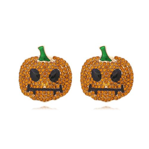 Nuevas joyas y decoraciones populares de Halloween, aleación de zinc, Calabaza, chapado en color dorado, Joyería & para mujer & esmalte & con diamantes de imitación, naranja, 33x35mm, Vendido por Par