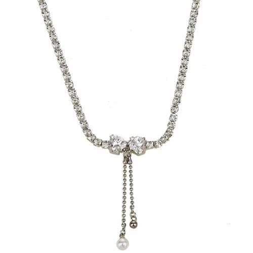 Cubic Zircon Micro Pave Brass Necklace, with Plastic Pearl, with 10CM extender chain, plated, micro pave cubic zirconia & for woman, silver color Approx 37 cm [