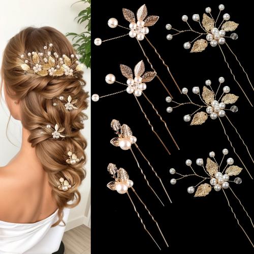 Palillos para el Cabello, fundición, con Perlas plásticas, 7 piezas & para mujer & con diamantes de imitación, dorado, Vendido por Set