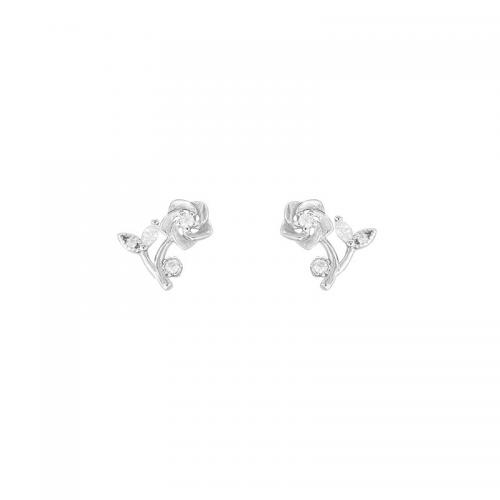 Argent sterling 925 boucle d oreille dormeuse, fleur, Plaqué de platine, pavé de micro zircon & pour femme Vendu par paire