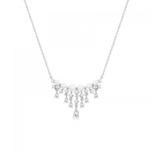 Argent sterling 925 collier, avec perle de verre, avec 2inch chaînes de rallonge, Plaqué de platine, Chaîne transversale & pavé de micro zircon & pour femme Environ 15.7 pouce, Vendu par PC