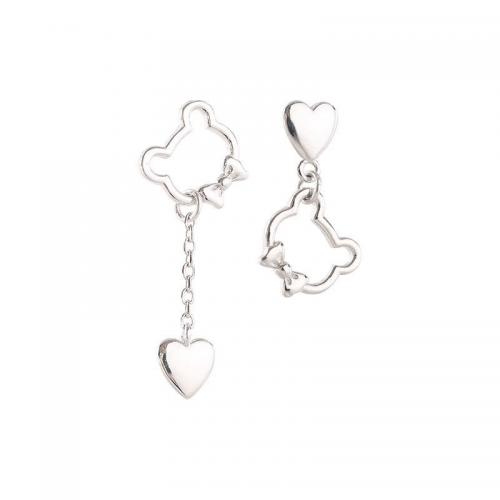 Argent sterling 925 Boucles d'oreilles asymétriques, ours, Plaqué de platine, pour femme & creux, earring size 33mm, Vendu par paire