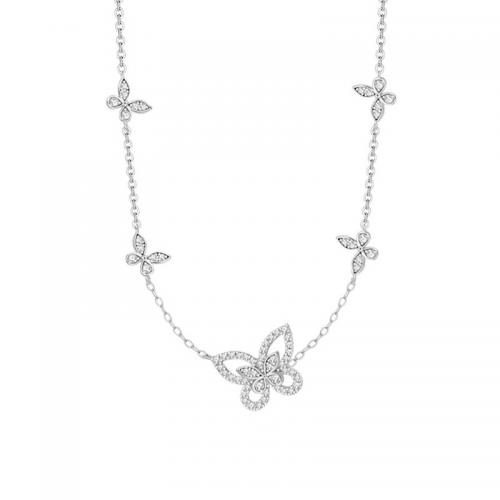 Zircon cubique Micro Pave collier en argent sterling, Argent sterling 925, avec 2inch chaînes de rallonge, papillon, Plaqué de platine, Chaîne transversale & pavé de micro zircon & pour femme Environ 15.7 pouce, Vendu par PC