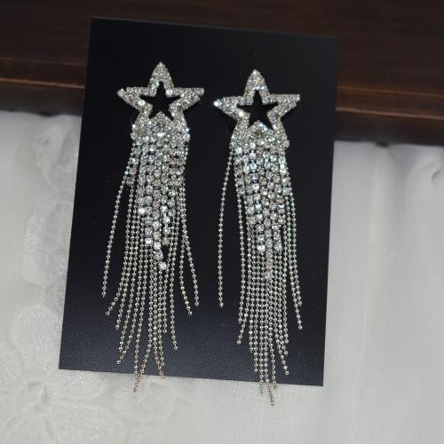 Fashion Fringe Earrings, Messing, Stern, silberfarben plattiert, Modeschmuck & für Frau & mit Strass, Silberfarbe, 75x20mm, verkauft von Paar