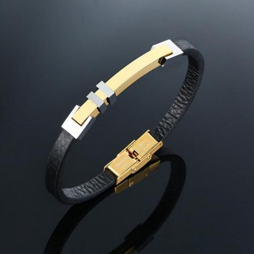 bracelet de cordon en PU , Microfibre, avec Acier inoxydable 304, poli, bijoux de mode & pour homme, doré Environ 21 cm, Vendu par PC[