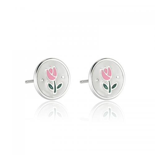 Sterling Silver Stud Earring, argent sterling 925, Rond, avec le motif de fleurs & pour femme & émail, argent Vendu par paire