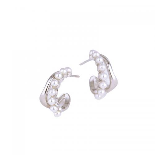 Sterling Silver Stud Earring, 925 Sterling Silver, with Plastic Pearl, Geometrical Pattern, platinum plated, fashion jewelry & for woman 