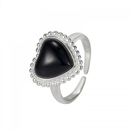 plata de ley 925 Anillo de dedo Cuff, con Ágata negra, Corazón, Joyería & ajustable & para mujer, plateado, tamaño:6, Vendido por UD