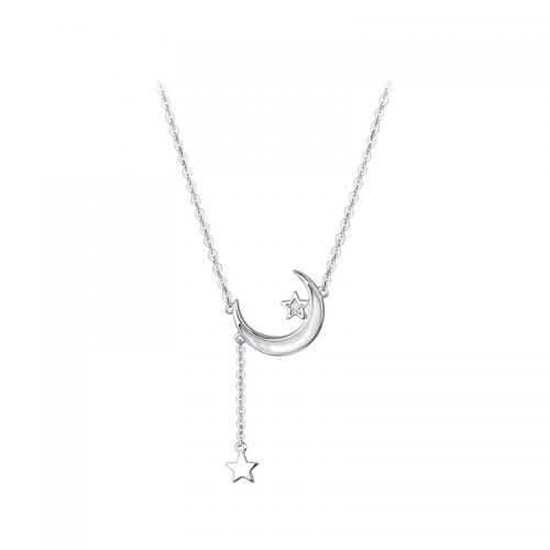 Collar de la joyería de plata esterlina, plata de ley 925, con Nácar Blanca, con 2inch extender cadena, Luna y estrella, chapado en platina real, para mujer, longitud:aproximado 15.7 Inch, Vendido por UD