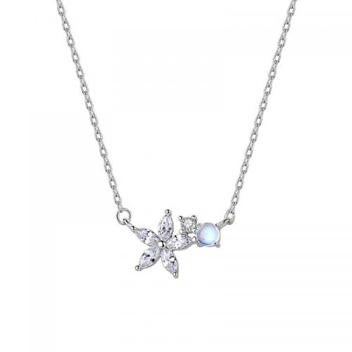 argent sterling 925 collier, avec 2inch chaînes de rallonge, fleur, bijoux de mode & pour femme & avec strass, argent Environ 15.7 pouce, Vendu par PC