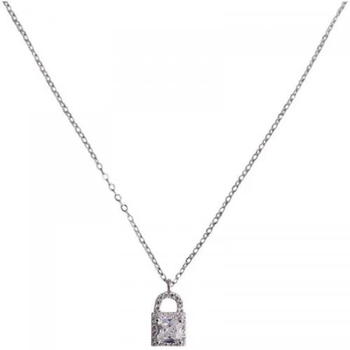 925 Sterling Silver Necklace, with 2inch extender chain, Lock, fashion jewelry & micro pave cubic zirconia & for woman, silver color Approx 15.7 Inch [