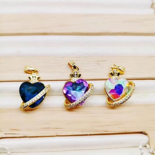 Crystal Brass Pendants, with Crystal, Heart, gold color plated, DIY & micro pave cubic zirconia [