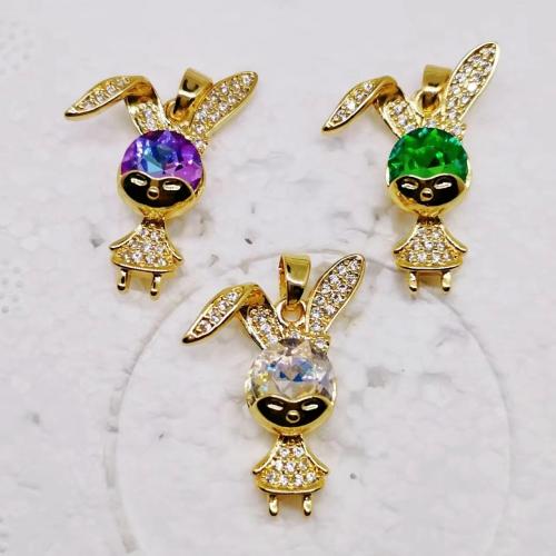 Cubic Zirconia Micro Pave Brass Pendant, Rabbit, gold color plated, DIY & micro pave cubic zirconia [