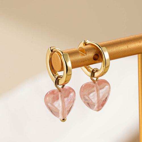 Gemstone Drop Earring, Brass, with Natural Stone, Heart, plated, fashion jewelry, pink [