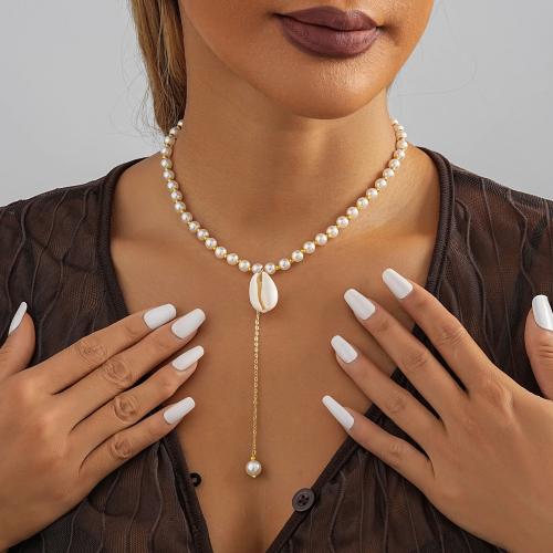 Collier de coquillages, laiton, avec coquille & perle de plastique, avec 7cm chaînes de rallonge, coquille, Placage, bijoux de mode, blanc cm, Vendu par PC