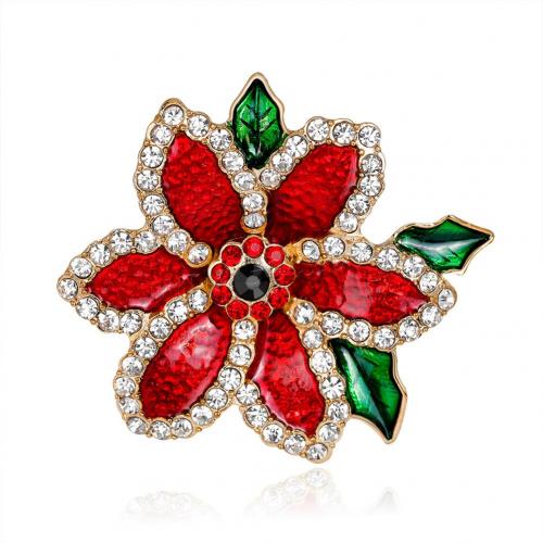 Broche de joyería de la aleación del cinc, aleación de zinc, Flor, chapado en color dorado, para mujer & esmalte & con diamantes de imitación, Rojo, 49x45mm, Vendido por UD