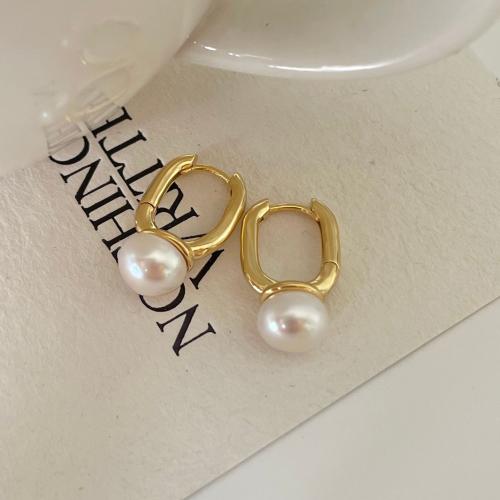 925 Sterling Silver Huggie Hoop Earring, with Freshwater Pearl, Geometrical Pattern, plated, Korean style & for woman 