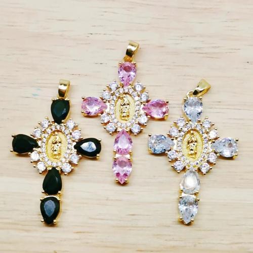 Cubic Zirconia Micro Pave Brass Pendant, Cross, gold color plated, fashion jewelry & DIY & micro pave cubic zirconia [