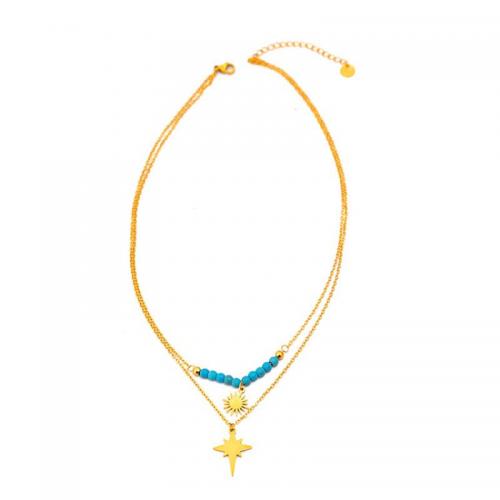 Collier de bijoux de titane, Acier titane, avec turquoise, avec 2.36inch chaînes de rallonge, Placage ionique sous vide, Double couche & bijoux de mode & pour femme, doré Environ 15.75 pouce, Environ 17.72 pouce, Vendu par PC