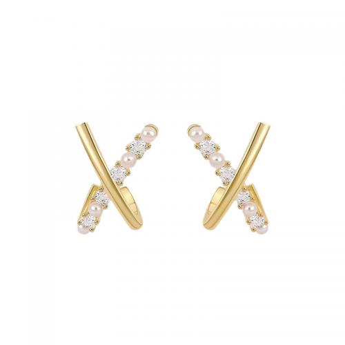 Seashell Earrings, Brass, with Pearl Oyster, 18K gold plated, fashion jewelry & micro pave cubic zirconia & for woman, golden [