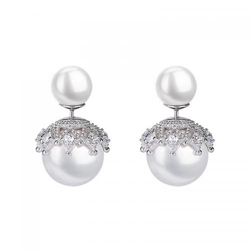 Seashell Earrings, Brass, with Pearl Oyster, fashion jewelry & micro pave cubic zirconia & for woman, white, big .5mm,small .8mm [