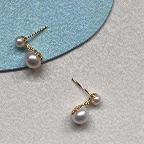 Süßwasser Perle Messing Ohrring, Natürliche kultivierte Süßwasserperlen, mit Messing, Modeschmuck & für Frau & mit Strass, weiß, big pearl:8-9mm,small pearl:5-6mm, verkauft von Paar