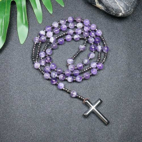 Rosenkranz Kette, Amethyst, mit Hämatit, Kreuz, Modeschmuck & unisex, gemischte Farben, 110mm, Länge:ca. 78 cm, verkauft von PC