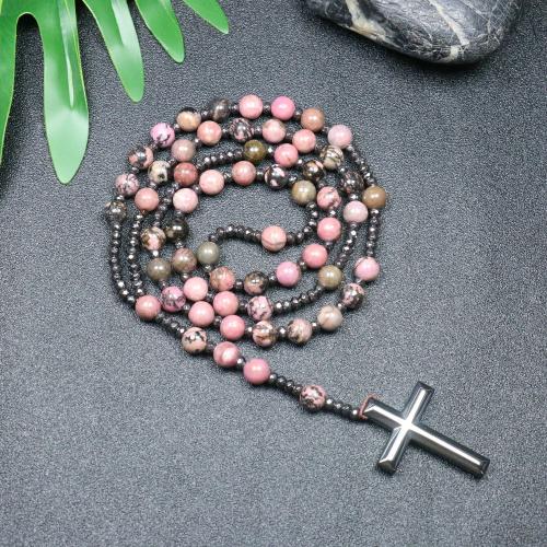 Rosenkranz Kette, Schwarzer Streifen Rhodochrosite Stein, mit Hämatit, Kreuz, Modeschmuck & unisex, gemischte Farben, 110mm, Länge:ca. 78 cm, verkauft von PC