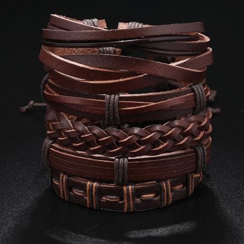 bracelet de cordon en PU , cuir PU, avec corde de cire, fait à la main, 6 pièces & Réglable & multicouche & unisexe, brun Environ 17-24 cm, Vendu par fixé[